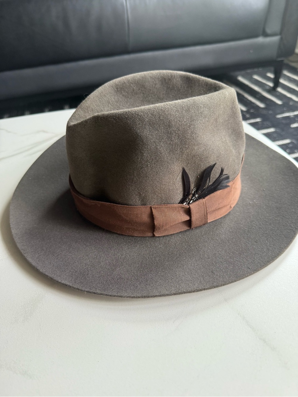 Barbour Gray Felt Fedora with Brown Band and Black Feather